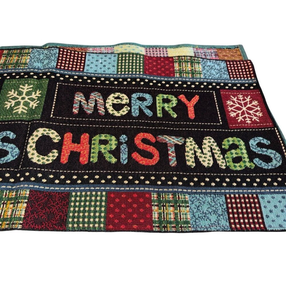 Colorful Merry Christmas Table Runner Tapestry Patchwork Farmhouse Country Chic